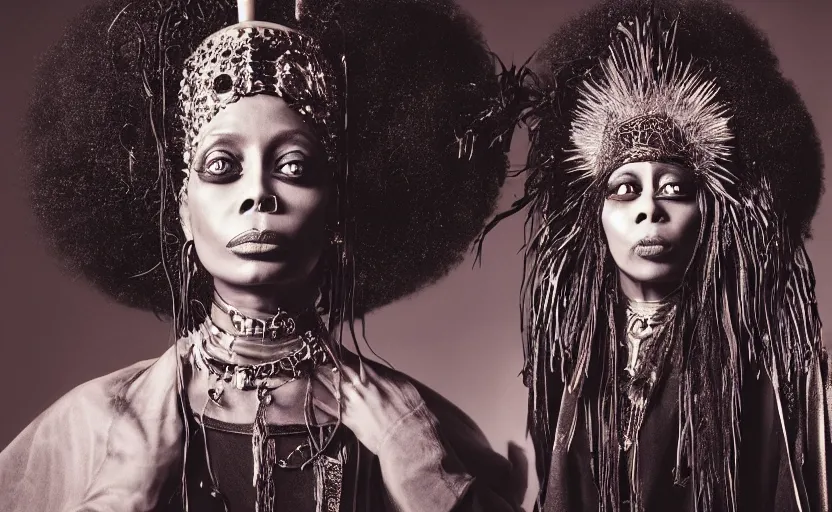 Prompt: “erykah badu as a voodoo queen wearing flowing black robes and a disco tophat holding a staff with a glowing crystal ball, by michalopoulos, by Laurie Lipton, Josip csoor, 8k resolution, realistic shadows, 3D, rendered in octane, volumetric lighting, hyper detailed, photorealistic, voodoo”