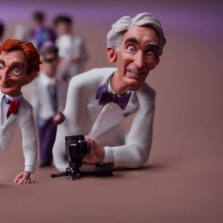 Image similar to a cinematic film still of a claymation stop motion film starring bill nye, shallow depth of field, 8 0 mm, f 1. 8