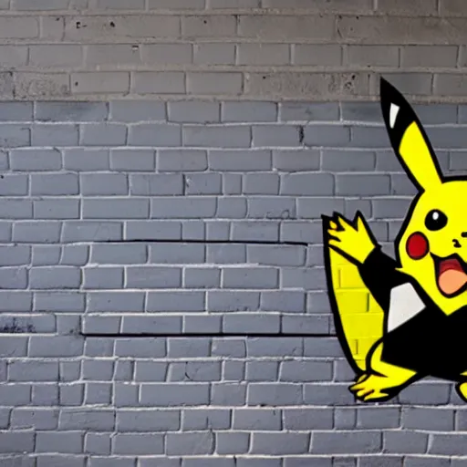 Prompt: pikachu spray painted on the wall, wide angle lens