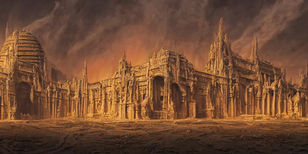 Image similar to sci - fi concrete baroque rococo gothic architecture in hell, babylonian, ziggurat, zaha hadid, beksinski, wayne barlowe, oil painting, photoreal, highly detailed, 8 k, hd, vray, artstation, cinematic matte painting, extreme detail photo quality, sunset, featured on behance