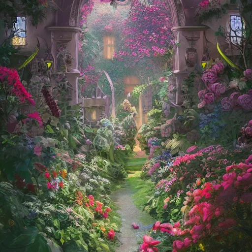 Prompt: beautiful fantasy english mansion flower garden, saturated, detailed lighting, high quality, sharp focus, intricate, digital painting, artstation, 4k by James Jean and Ross Tran