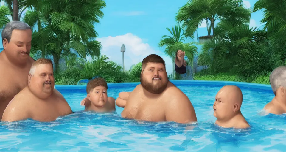 Image similar to digital art painting of exactly three adult brothers and their slightly overweight older father in a swimming pool , unreal 5, DAZ, hyperrealistic, octane render, volumetric clouds dynamic lighting