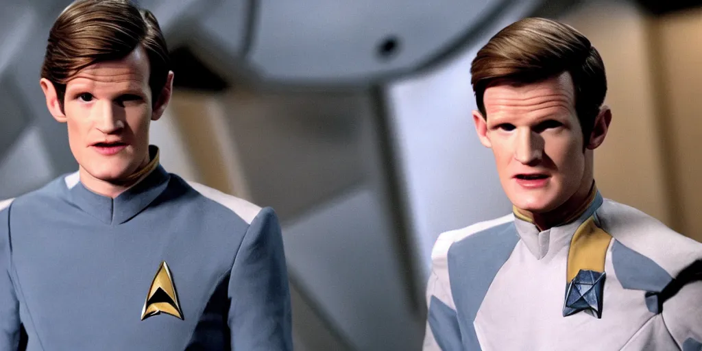 Image similar to Matt Smith as Doctor Who, in Starfleet uniform, in the role of Captain Kirk in a scene from Star Trek the original series