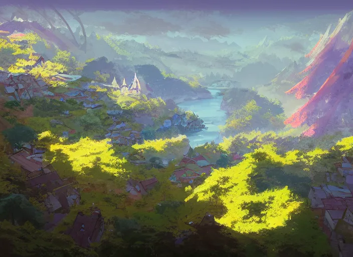 Prompt: concept art painting of a distant small woodland village by a river in a mountain valley seen from above, midnight, european japanese buildings, cel shaded, realistic, by makoto shinkai and moebius and anton fadeev and greg rutkowski and james gurney