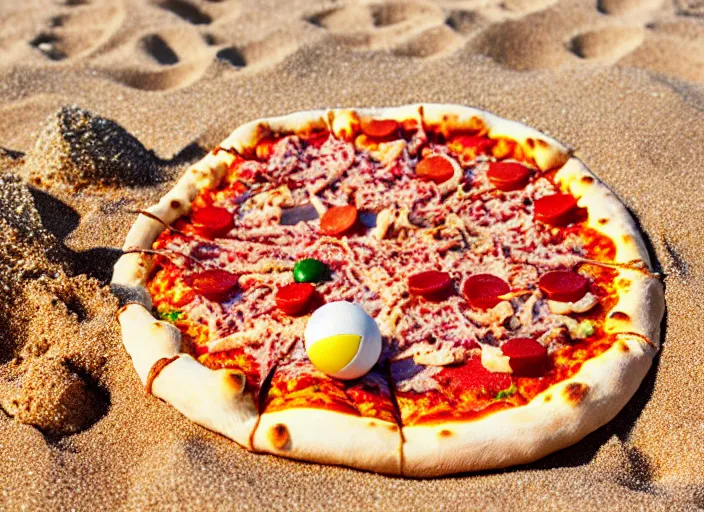 Image similar to clear highly detailed photorealistic food photograph of a pizza salamr with a mikasa beach volleyball next to lying in beach sand