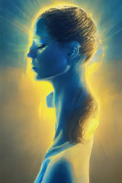 Prompt: 3 d, sci - fi, sun rays, sleepy fashion model face, blue faces, cinematic, vogue cover style, poster art, light yellow and deep blue mood, realistic painting, intricate oil painting, high detail, figurative art, multiple exposure, poster art, 3 d, by tooth wu and wlop and beeple and greg rutkowski