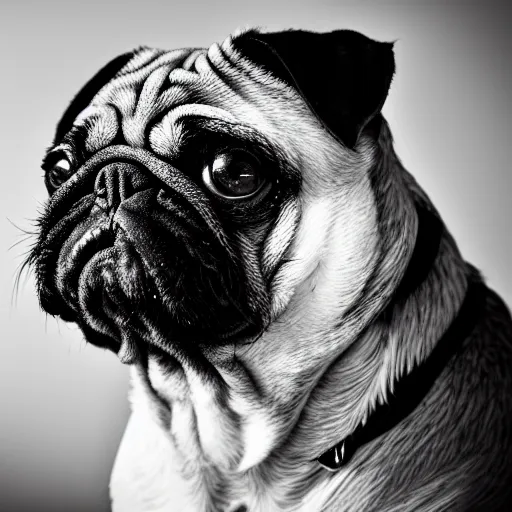 Prompt: portrait of a depressed pug dog with an emo haircut, intricate detail, high contrast, studio photo, well lit,