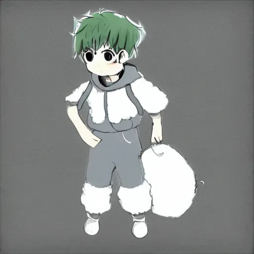 Image similar to boy wearing sheep suit. white, gray, blue, green and brown pallet color. made in abyss art style