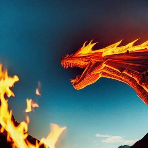 Prompt: photo of read fire breathing dragon under a mountain