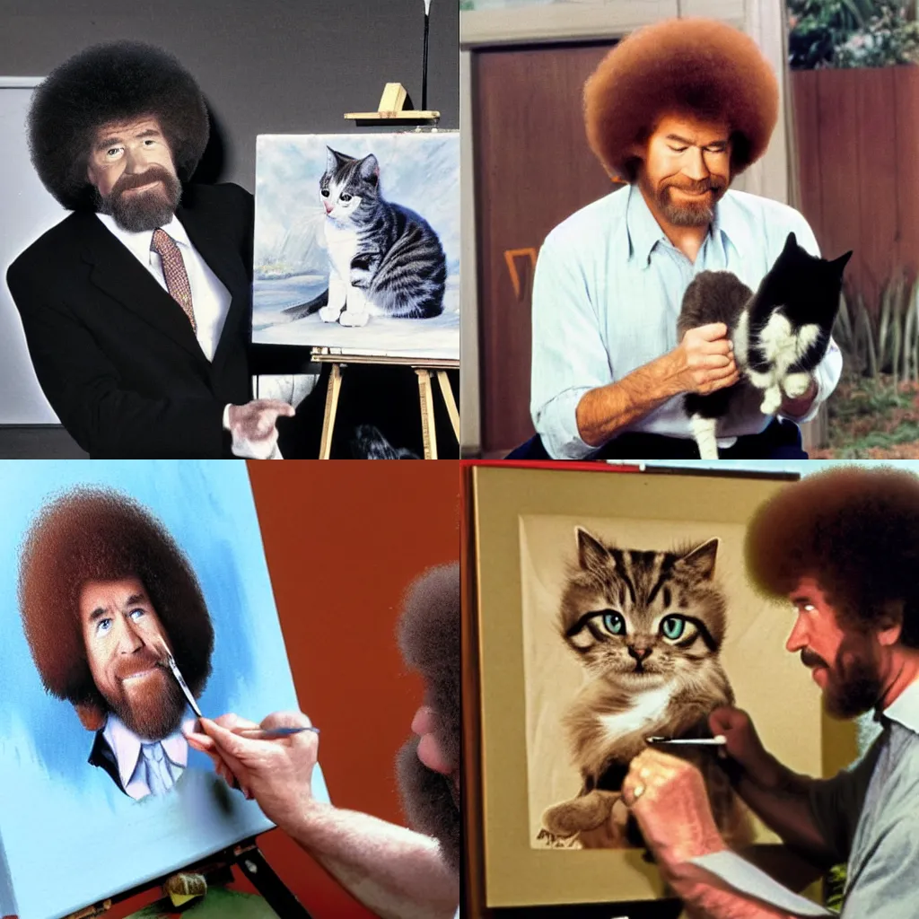 Prompt: Bob Ross painting a picture of a cat,