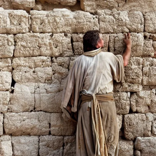 Prompt: award winning cinematic still of 40 year old man in ancient Canaanite clothing building a broken wall in Jerusalem, directed by Christopher Nolan