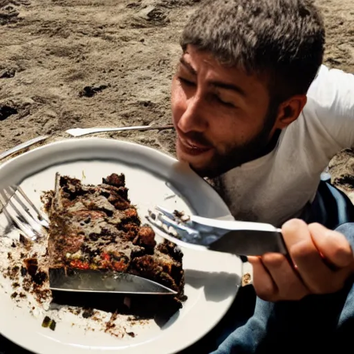 Prompt: a man eating a slice of earth with knife and fork