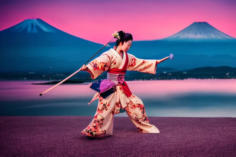 Prompt: beautiful photo of a geisha samurai warrior, mt fuji in the background, mid action swing, muted pastels, action photography, 1 / 1 2 5 shutter speed, back lit lighting