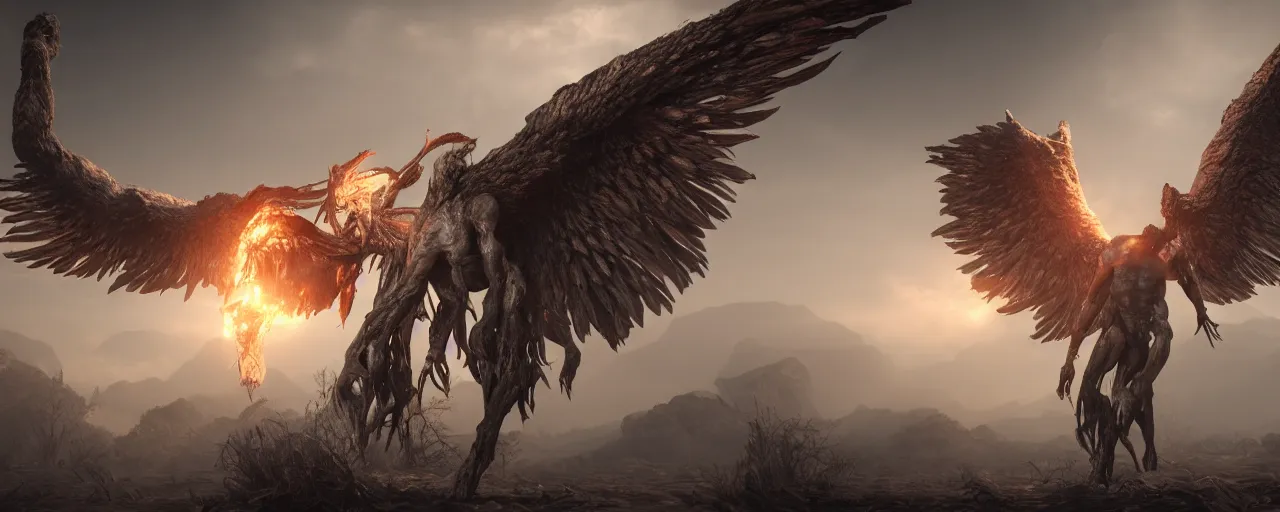 Prompt: cinematography picture of monster with angel wings, no eyes, long jaw, holding a spear, 8k, unreal engine 5, ps5, hyperrealistic, artstation, highly detailed