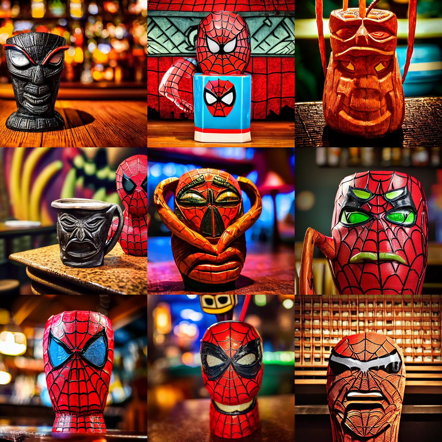 Prompt: a closeup photorealistic photograph of a spider man style tiki mug sitting at a trader vic's bar featuring the face of spider man. tiki theme. bright scene. fine detail. this 4 k hd image is trending on artstation, featured on behance, well - rendered, extra crisp, features intricate detail, epic composition and the style of unreal engine.