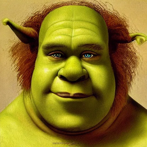 Image similar to An airbrush caricature of Shrek, painting by Leonardo Da Vinci , oil painting