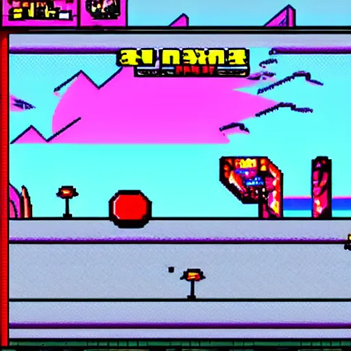 Image similar to retrowave platformer goose jumping 2d game