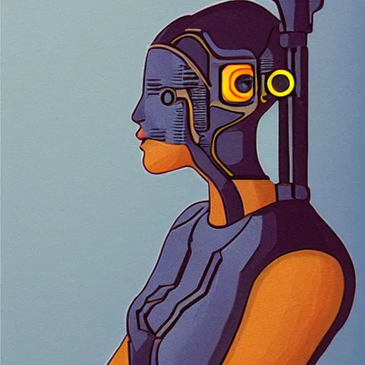Image similar to a futuristic cyborg holding a paintbrush