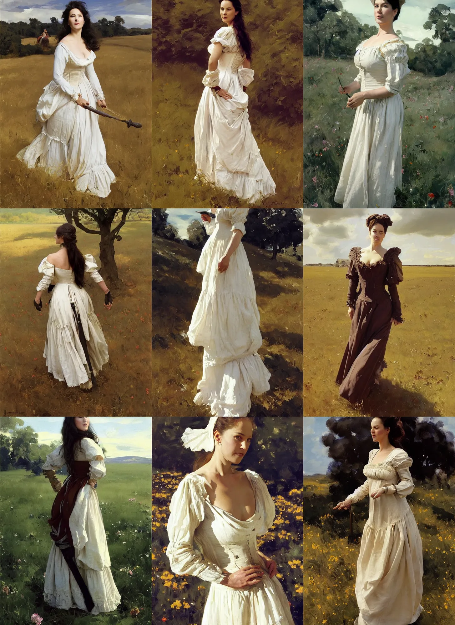 Prompt: finnish norwegian swedish scandinavian monica bellucci wearing 1 7 th century bodice walking in the field in a sunny day, jodhpurs greg manchess painting by sargent and leyendecker, studio ghibli, fantasy, medium shot, asymmetrical, intricate, elegant, matte painting, illustration, hearthstone, by greg rutkowski, by greg tocchini, by james gilleard