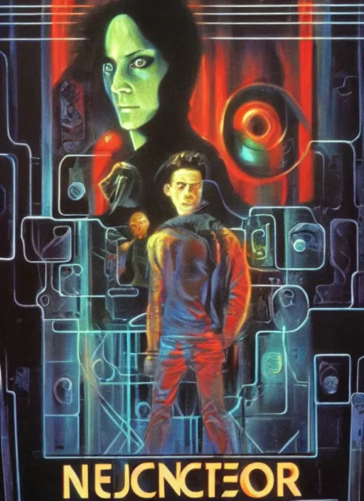 Prompt: 1 9 8 3 movie poster for neuromancer. oil on canvas by john alvin, drew strusan.