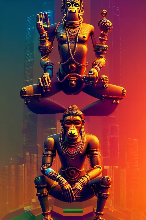 Image similar to high quality 3 d render colorful post - modern cyborg! hanuman sitting, gold madhubani, highly detailed, cyberpunk!! mumbai in the background, vray cinematic smooth, liam wong, moody light, low angle, uhd 8 k, sharp focus