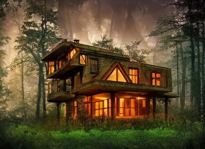 Prompt: house in a clearing in the middle of a large forest, beautifully lit, retro science fiction vintage art, steampunk