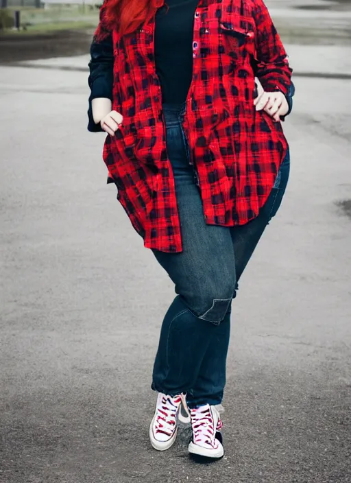 Image similar to photograp of a plus-size redhead woman wearing jeans, black converse shoes, and a red tartan shirt