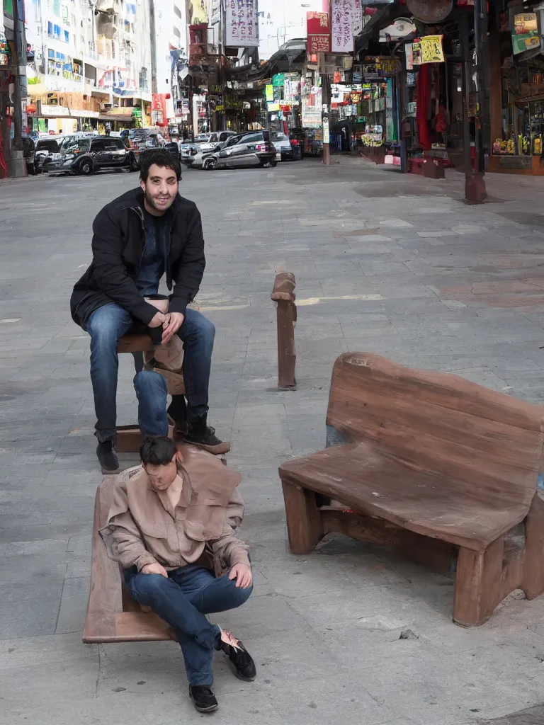 Image similar to a photo of thiago hersan sitting in a bench in china town san francisco