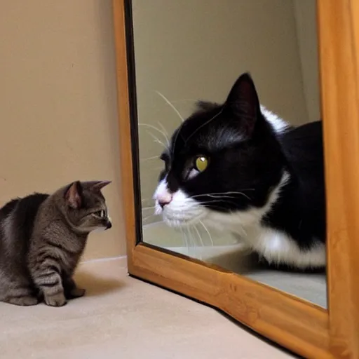 Image similar to a dog looking curiously in the mirror, seeing a cat.