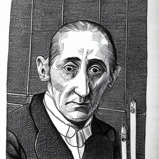 Prompt: an unfinished drawing of Marcel Duchamp, hyperdetailed and line drawing