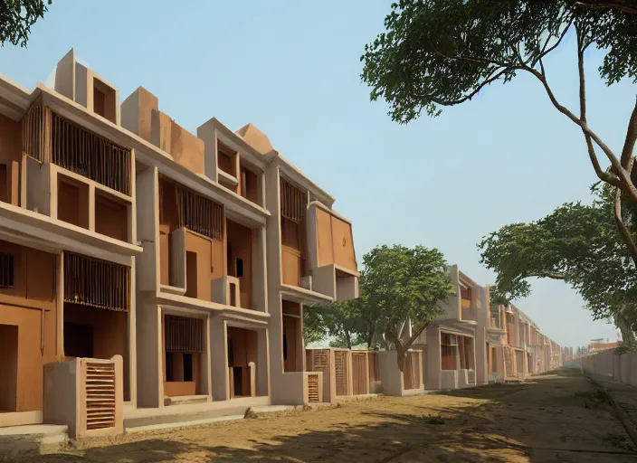 Image similar to low - cost housing designed by architect b v doshi, contemporary indian architecture style ; realistic, detailed, cel shaded, in the style of makoto shinkai and greg rutkowski and james gurney ; wide angle view 1 4 mm lens f 2 2 ; evermotion archexterior, v ray unreal engine ; hdr lighting, ray traced, vue render