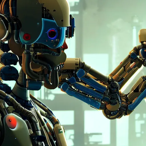 Image similar to a close up shot of a robot repairing in factory,cyberpunk,2077