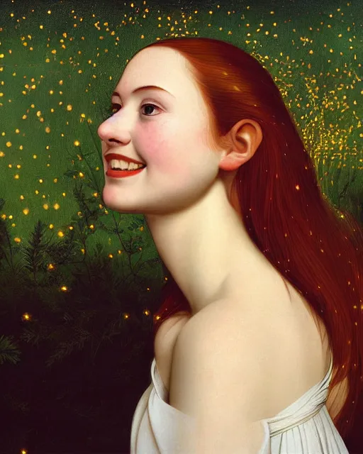 Image similar to a happy, modern looking young woman looking over shoulder, wonderful dress, among the lights of golden fireflies and nature, long loose red hair, intricate details, green eyes, small nose with freckles, triangle shape face, smiling, golden ratio, high contrast, hyper realistic digital art by artemisia lomi gentileschi and caravaggio and artgerm.