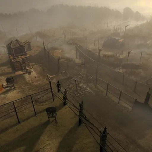 Image similar to screenshot of a beautiful rts game silent hill, overhead view, unreal engine