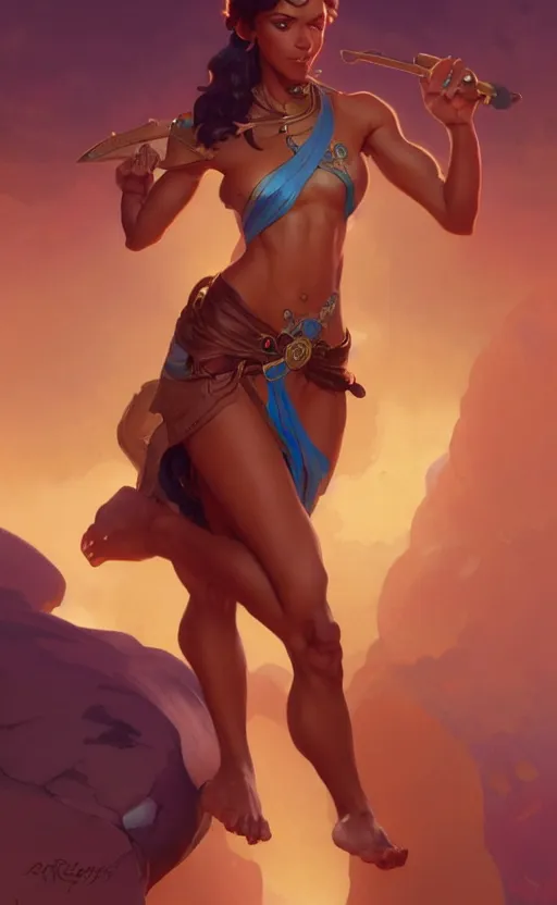 Image similar to genie, female, pretty, short, brown skin, short brown hair, smiling, abs, highly detailed, digital painting, artstation, concept art, sharp focus, illustration, art by greg rutkowski and alphonse mucha