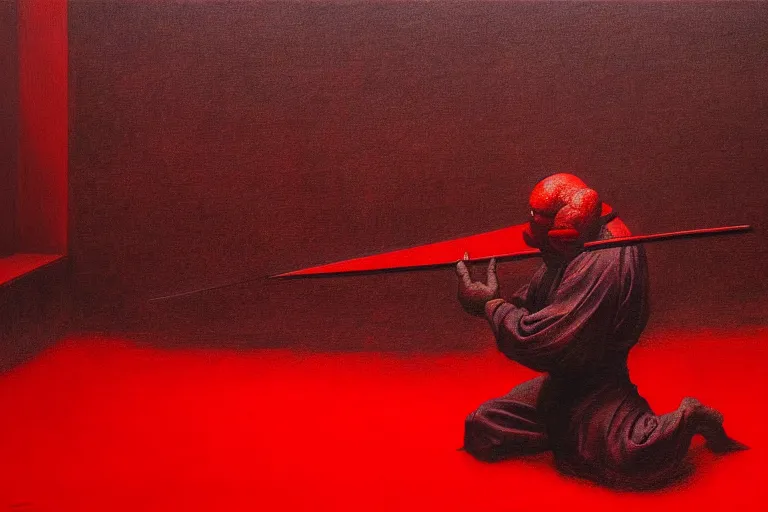 Prompt: only with red, a red samurai do seppuku, tokio, a lot of frogs watch, in the style of beksinski, parts by edward hopper, parts by rodcenko, parts by yue minjun, intricate and epic composition, red by caravaggio, insanely quality, highly detailed, masterpiece, red light, artstation, 4 k