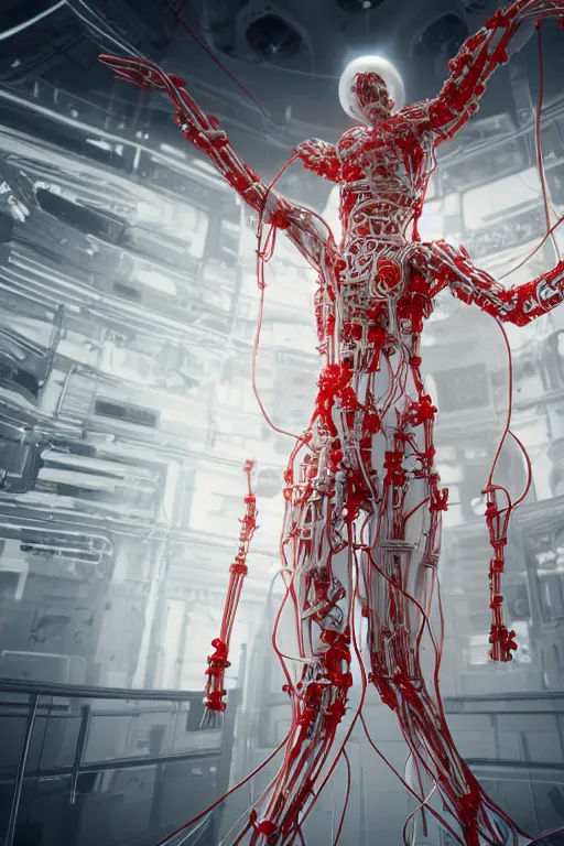 Prompt: space station interior white cross cross inflateble shapes wires tubes veins wires tubes veins jellyfish white biomechanical details a statue jesus on cross made of red marble hands nailed to a cross perfect symmetrical full shot, wearing epic bionic cyborg implants masterpiece, intricate biopunk vogue highly detailed artstation concept art cyberpunk octane render