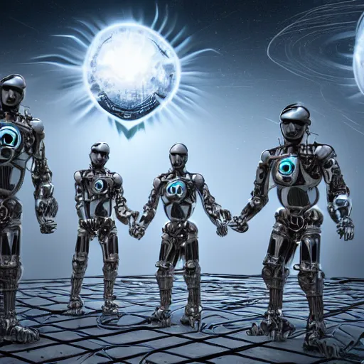 Image similar to love, joy, realistic textured magnetosphere humanoids, complex cybernetic glowing vortexes, large array, ornate, cinematic light shadows, hdr refractions, insanely detailed rendering, cybernetic civilisations, 8 k, *
