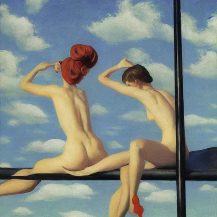 Image similar to pole dancing fairies, Edward Hopper and Rene Magritte, highly detailed