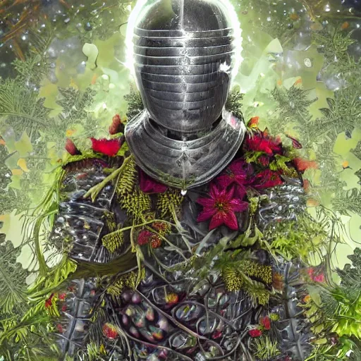 Prompt: a male knight, stern face, clear eyes, in a dark forest, shining armour made of steel and flowers, and fractal flowery hair in a fractal garden, glowing delicate flower, berries and ferns that grow in a dark fantasy forest, full frame,