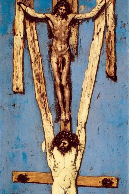 Image similar to jesus christ crucified painted by cy twombly and andy warhol