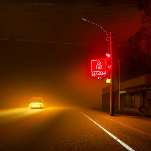 Image similar to A stunningly beautiful award-winning down angle 8K high angle cinematic movie photograph of a dark foggy main intersection in an abandoned 1950s small town at night, by David Fincher and Darius Khonji, cinematic lighting, perfect composition, moody low key volumetric light. Color palette from Seven, greens yellows and reds. 2 point perspective, high angle from 15 feet off the ground. Octane render