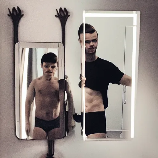 Image similar to satan in his underpants mirror selfie