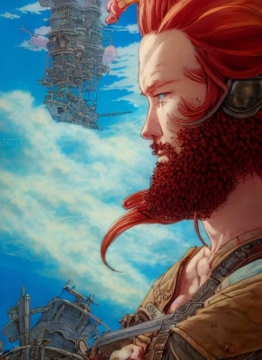 Image similar to prompt : ragnarok online portrait soft light painted by james jean and katsuhiro otomo and erik jones, inspired by akira anime, epic fantasy, a long red haired, red bearded male sky - pirate in front of an airship, intricate oil painting, high detail illustration, sharp high detail, manga and anime 1 9 9 9