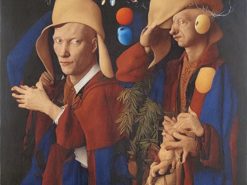 Image similar to Portrait of albino mystic with blue eyes, with exotic collection of floating animal eyes. Painting by Jan van Eyck, Audubon, Rene Magritte, Agnes Pelton, Max Ernst, Walton Ford