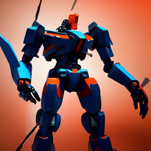 Prompt: a long shot of a jaeger which based on the concept of evangelion, blue + orange, with tail, animal style head, in the style of the movie pacific rim, detailed, 4k, by Ashley Wood