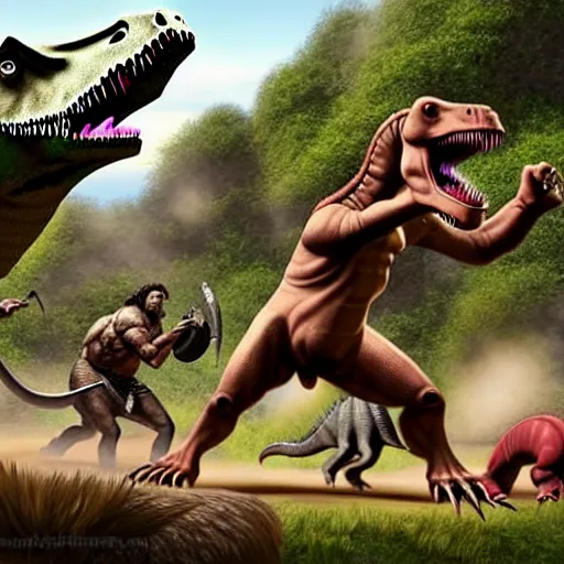 Image similar to A large dinosaur! fighting with several realistic detailed cavemen with proportioned bodies, next to the dinosaur are cavemen, the cavemen are armed with spears, the caveman are in a fighting stance, the cavemen are wearing animal furs, one caveman is stabbing the dinosaur with his spear, one caveman is cowering in fear, coarse canvas, visible brushstrokes, intricate, extremely detailed painting by William Turner (and by Greg Rutkowski)