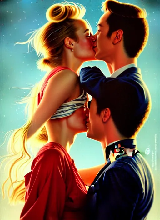 Image similar to brie larson and amber heard kissing, full body portrait, natural lights, photorealism, dramatic, cinematic, art by artgerm, rossdraws, norman rockwell, magali villeneuve, gil elvgren, alberto vargas, earl moran, enoch bolles