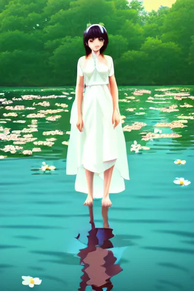 Image similar to mysterious girl with her long black hair dressed in a simple white dress swimming in a lake with flowers, anime art style, digital art by ilya kuvshinov, inspired by balthus, hd, 4 k, hyper detailed, side view