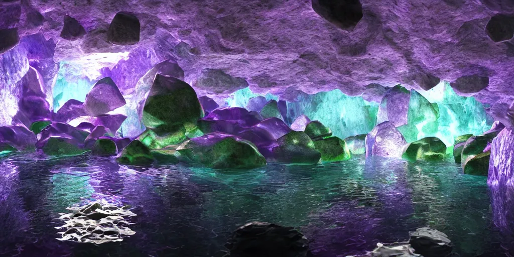 Prompt: mystical cavern underground, crystal, vivid, water, puddles, rocky, minerals, volumetric lighting